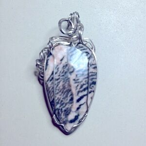 Pink Zebra Jasper Gemstone Oval or Teardrop Silver Wrap Pendant